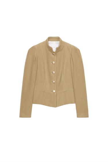Front view of a toasted blazer with a raised collar, puffed shoulders, and front button fastening.