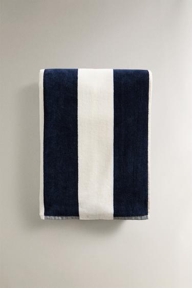 Zara VELOUR BEACH TOWEL WITH WIDE STRIPES - 裸色 / 海藍色
