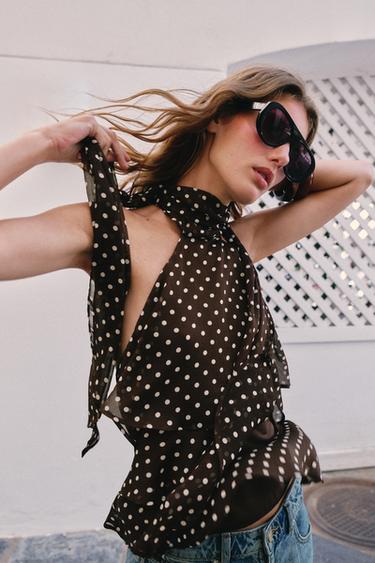 RUFFLED HALTER NECK TOP WITH DOTS - brown/white by Zara