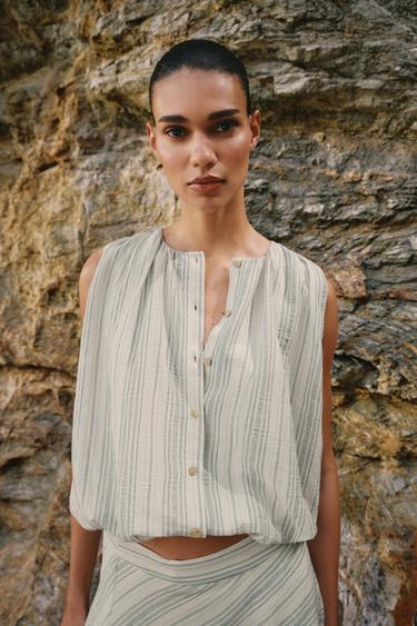 BLOUSE RAYURES BALLON - Écru / Bleu marine de Zara - Image 1