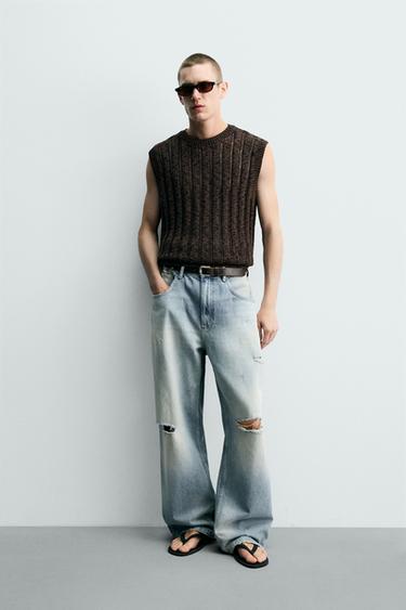 TANK TOP Z DZIANINY STRUKTURALNEJ Z AŻUREM - melanżowy brązowy Zara