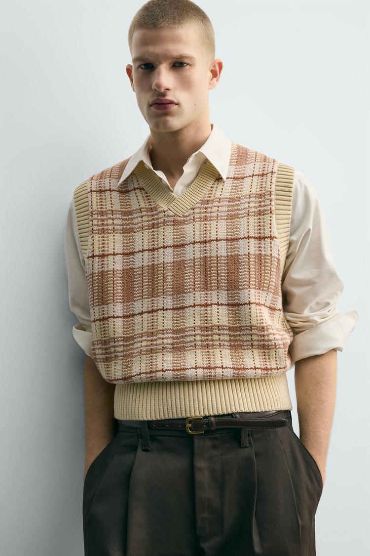 ZARA JACQUARD KNIT CHECKS WAISTCOAT