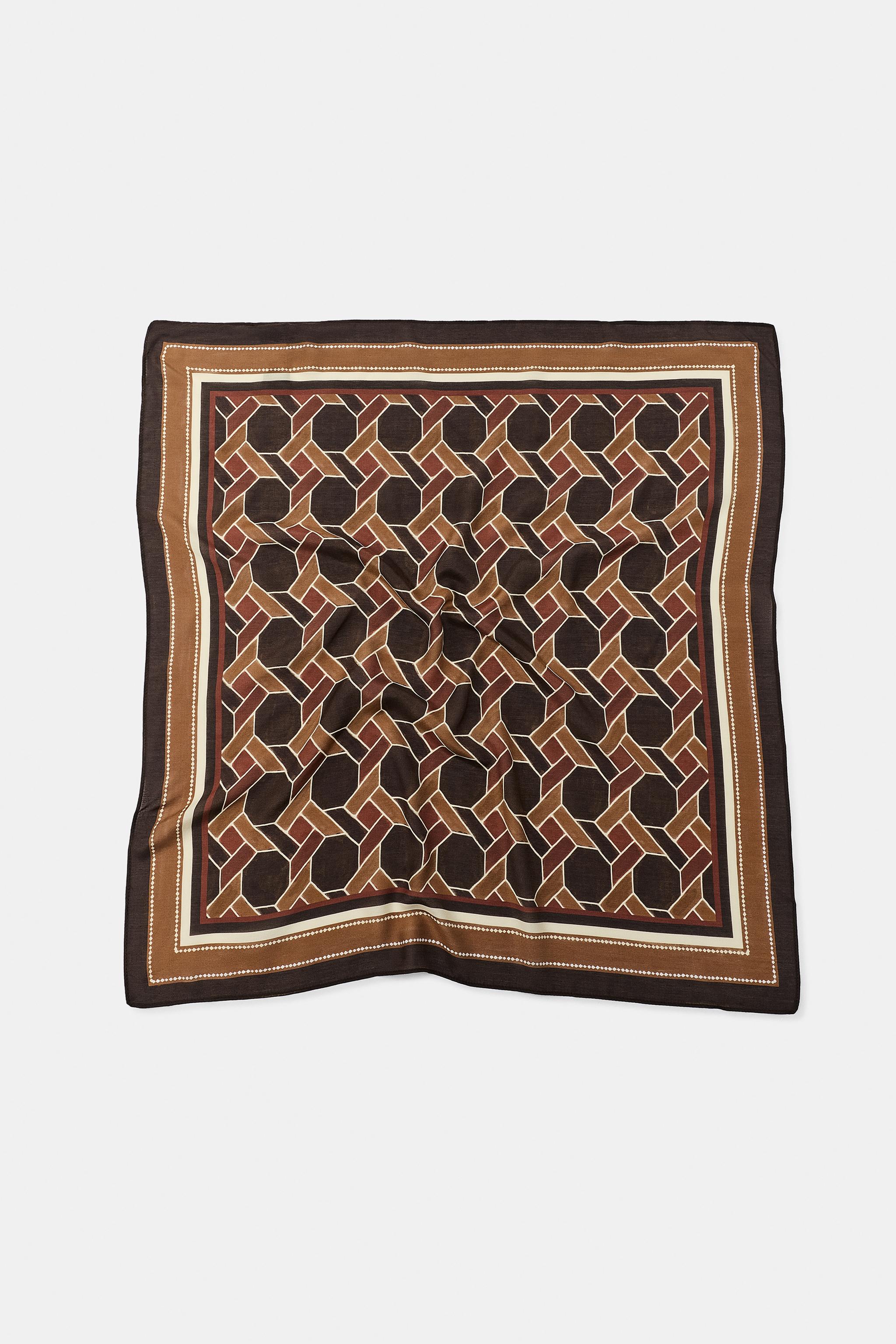 GEOMETRIC PRINT SILK SCARF — Brown