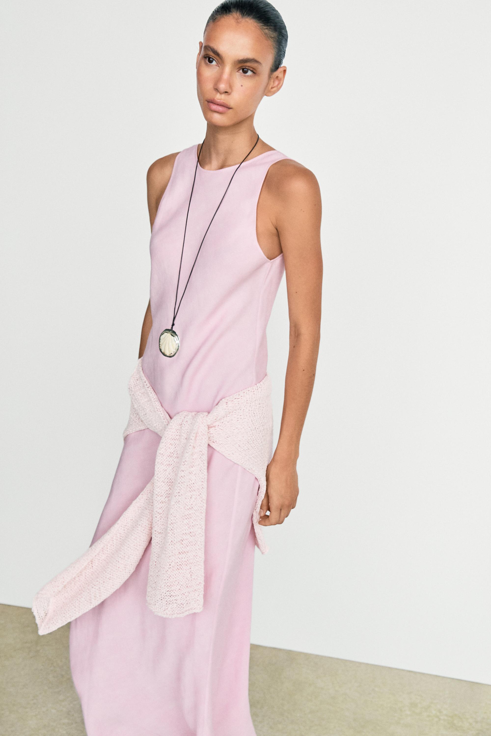 Flowing linen-blend midi dress — Pastel pink