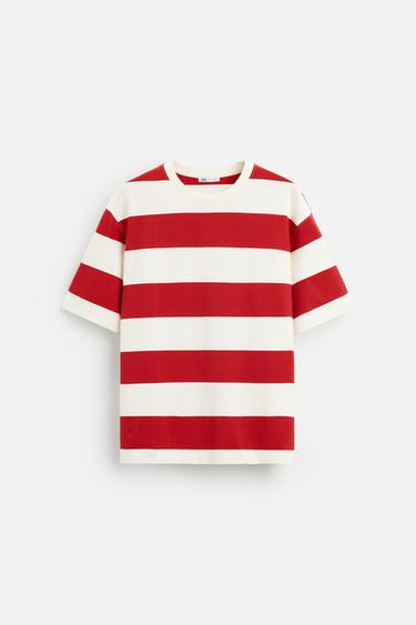 STRIPED JACQUARD T-SHIRT - White / Red by Zara