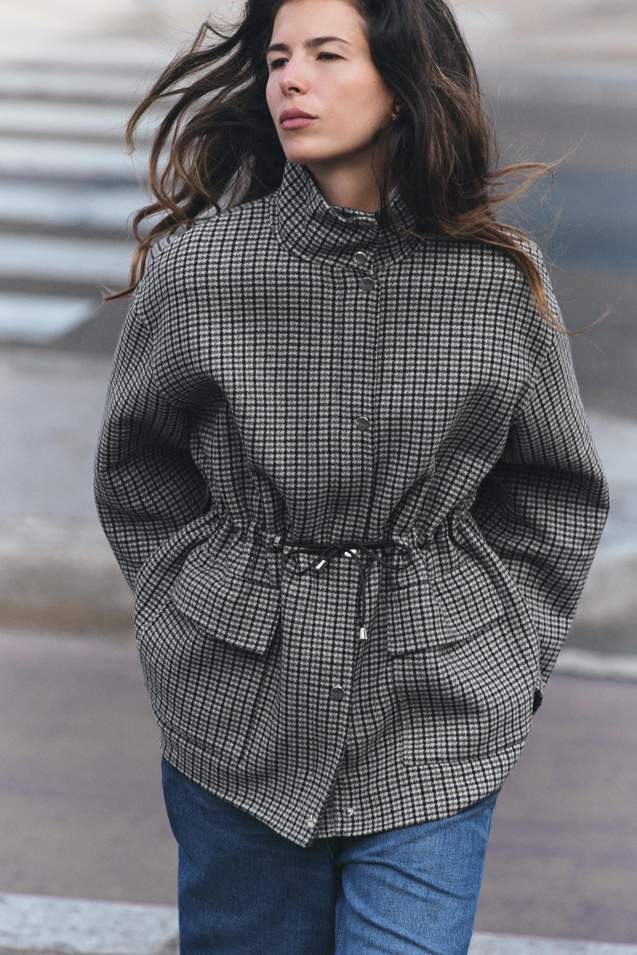 WOOL BLEND HOUNDSTOOTH COAT — Grey
