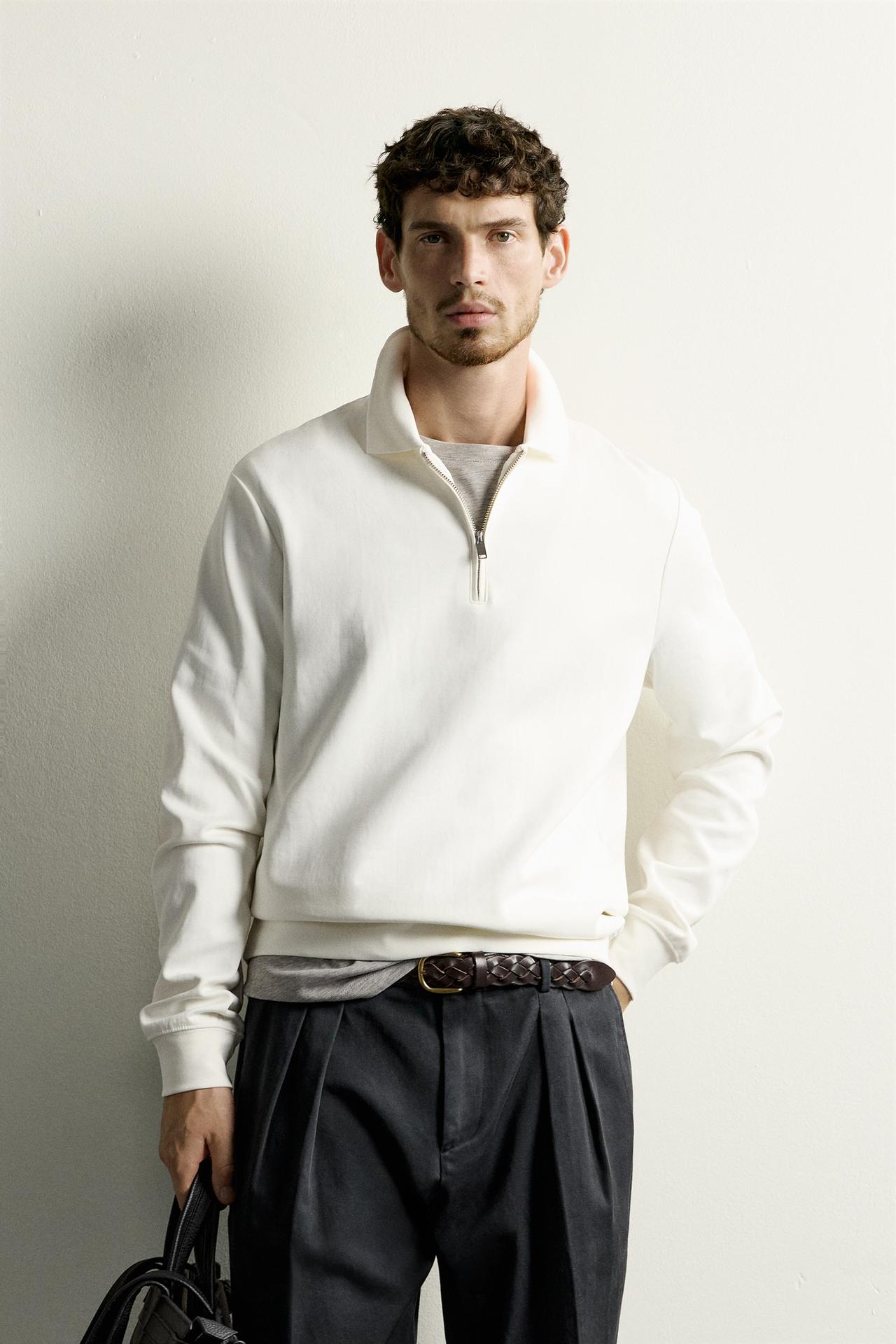 ZIP-UP INTERLOCK POLO SWEATSHIRT — White