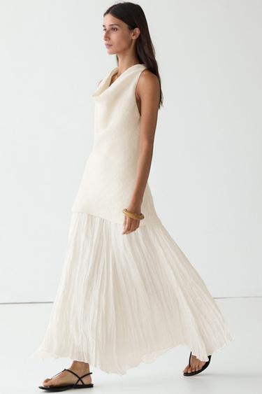 Combined flowing pleated linen dress — Oyster-white 1