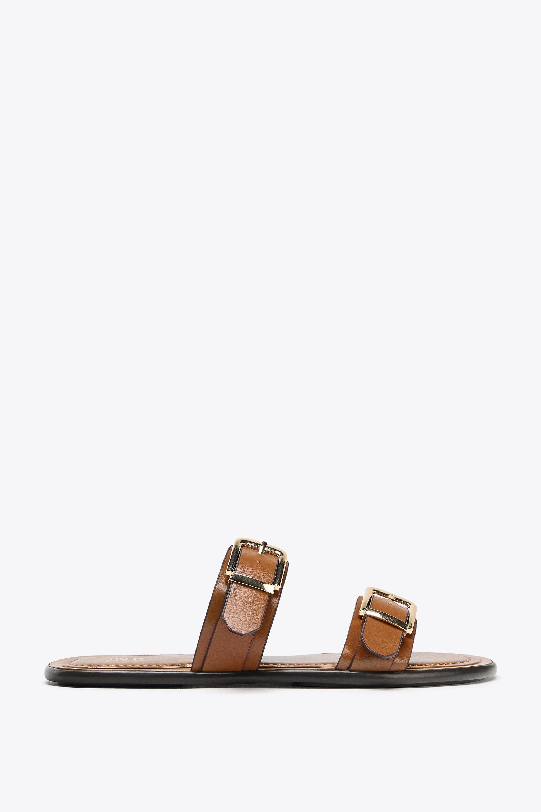 FLAT DOUBLE STRAP BUCKLE SANDALS - Brown | ZARA United States