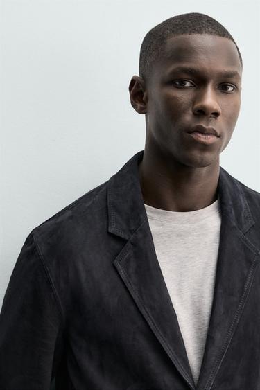 REGULAR FIT SUEDE LEATHER BLAZER - Dark navy by Zara - Image 4