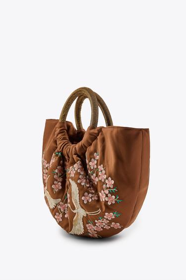 Zara FAN BAG WITH EMBROIDERED FLOWERS AND BIRDS - Brown