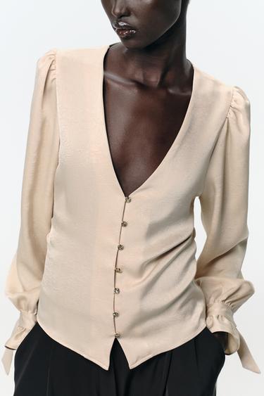 FITTED CREASED-EFFECT BLOUSE - Ecru by Zara - Image 1