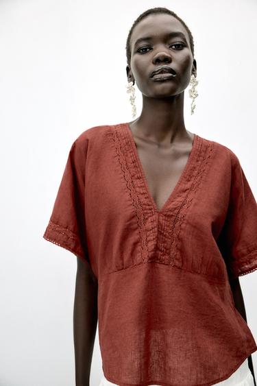 Zara LINEN ENTREDEUX TOP - Terracotta