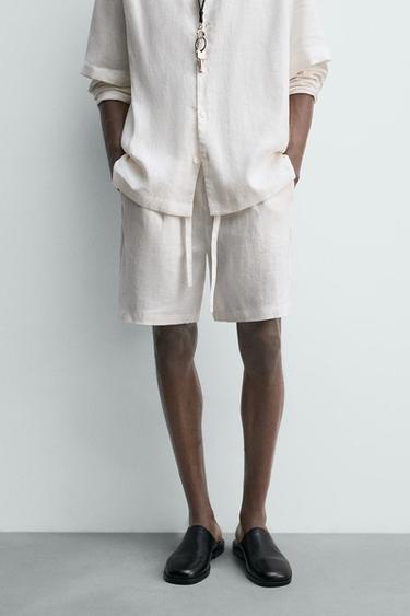 Zara RELAXED FIT 100% LINEN SHORTS - White