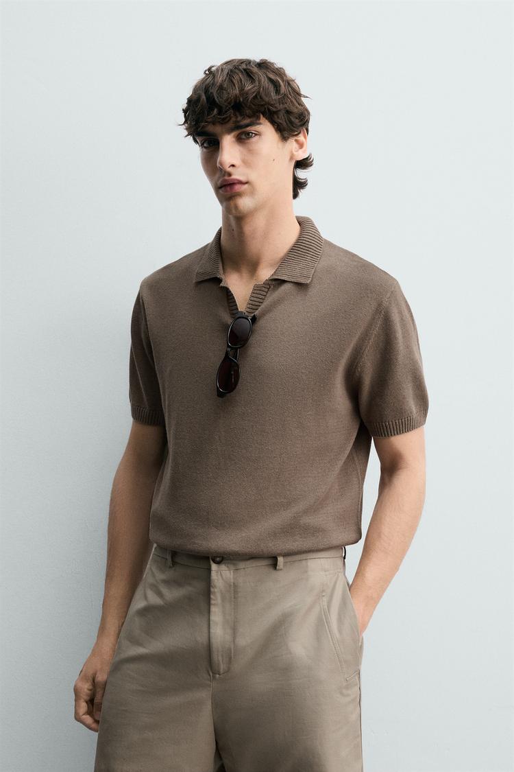 ZARA COTTON/LINEN REGULAR FIT KNIT POLO SHIRT