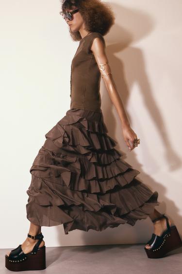 ZW COLLECTION MIDI SKIRT WITH RUFFLES - Brown / Taupe by Zara