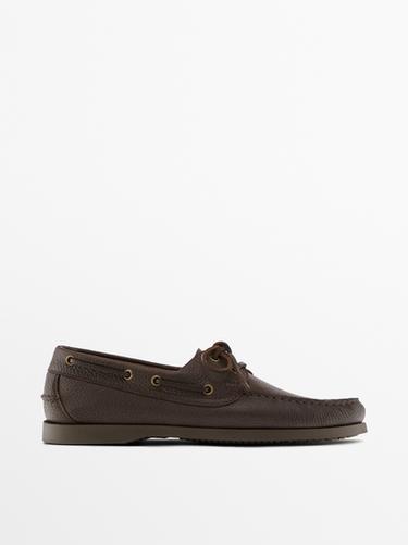 Zara Tumbled leather boat shoe - Brown - Image 0