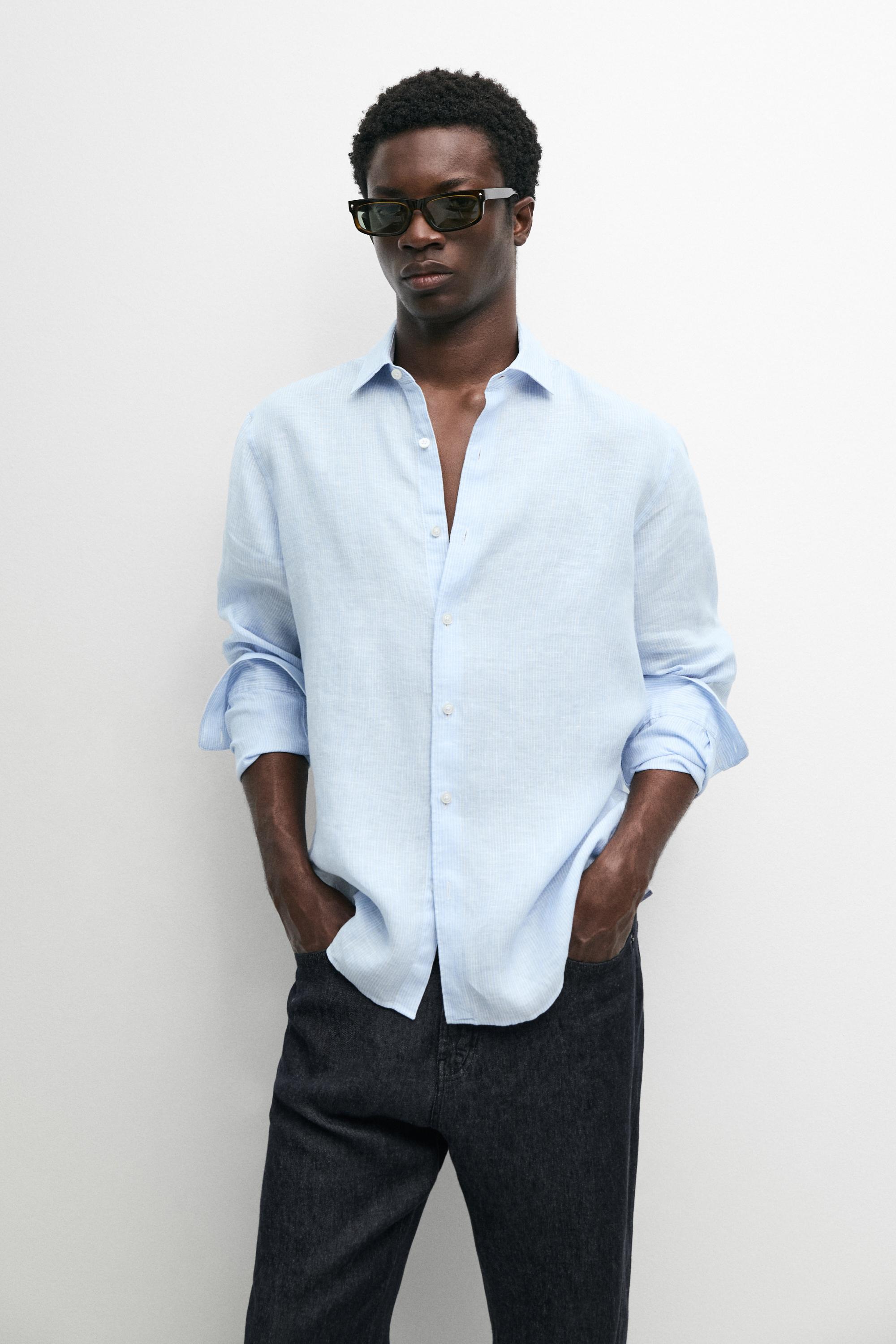 Regular fit striped melange linen shirt — Sky blue