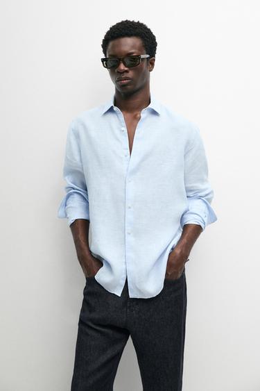 Zara Regular fit striped melange linen shirt - Sky blue