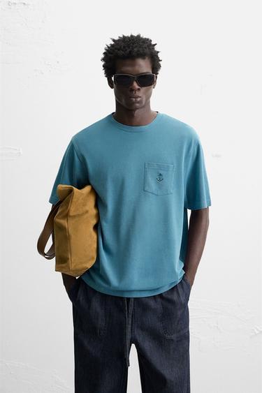 Zara EMBROIDERED PIQUÉ T-SHIRT - Faded blue