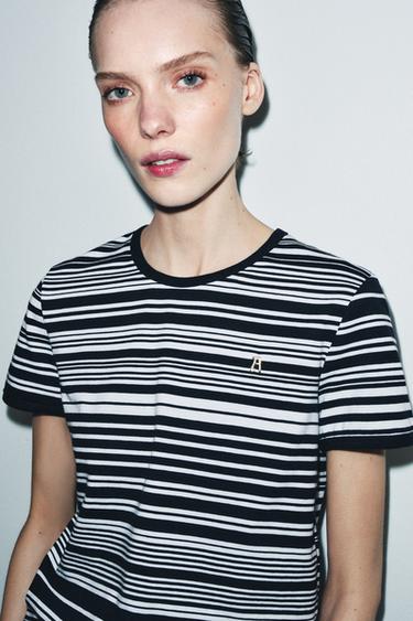 Zara ZA STRIPED T-SHIRT - Blue / Black