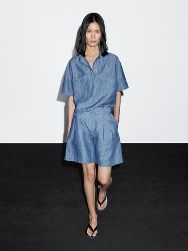 Zara Cotton and linen Bermuda shorts with pocket detail - Blue - Image 0