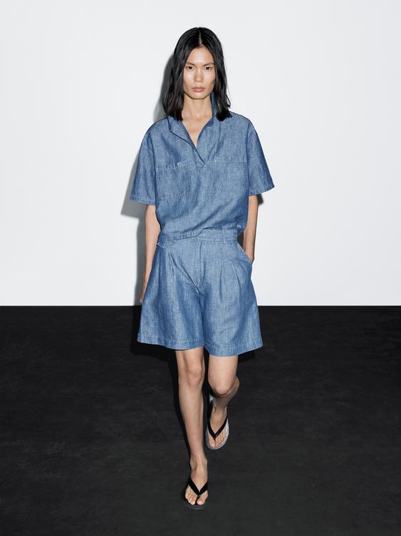 Cotton and linen Bermuda shorts with pocket detail