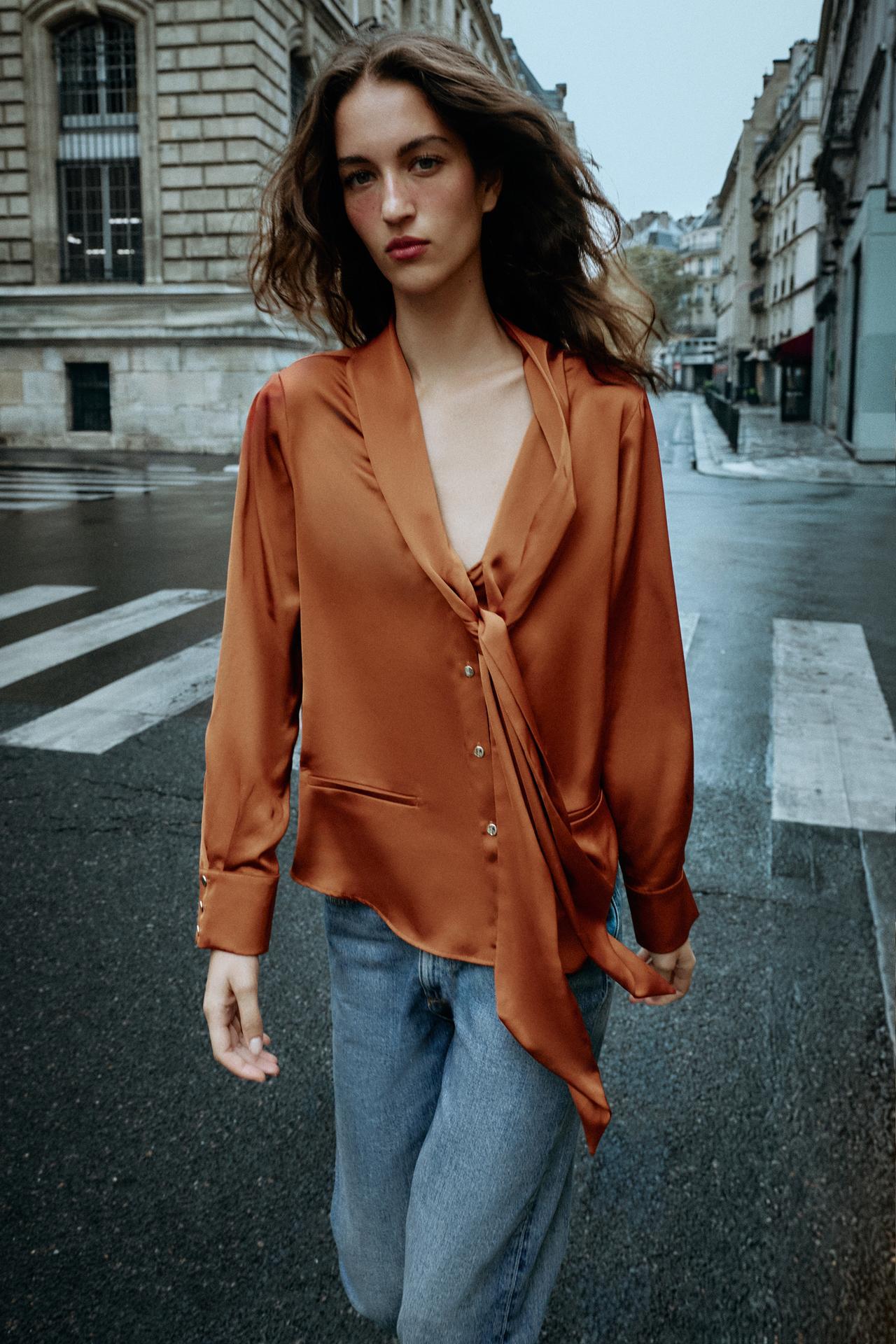 SATIN BOW BLOUSE — Burnt orange