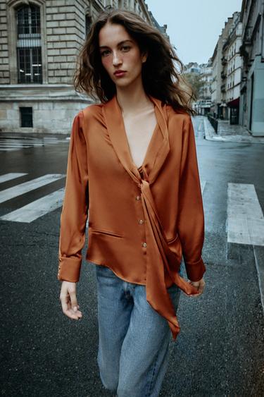 SATIN BOW BLOUSE — Burnt orange 2