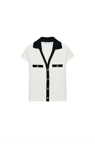 TEXTURED POLO COLLAR TOP - Ecru / Navy by Zara