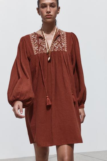 EMBROIDERED SHORT DRESS - Terracotta by Zara