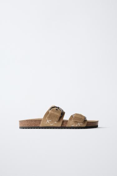 EMBROIDERED DOUBLE-STRAP SANDALS - Brown by Zara - Image 0
