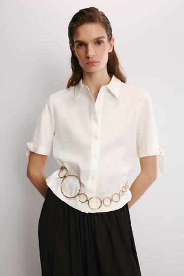 CAMISA MANGA CORTA LAZOS CON RAMIO - Blanco de Zara