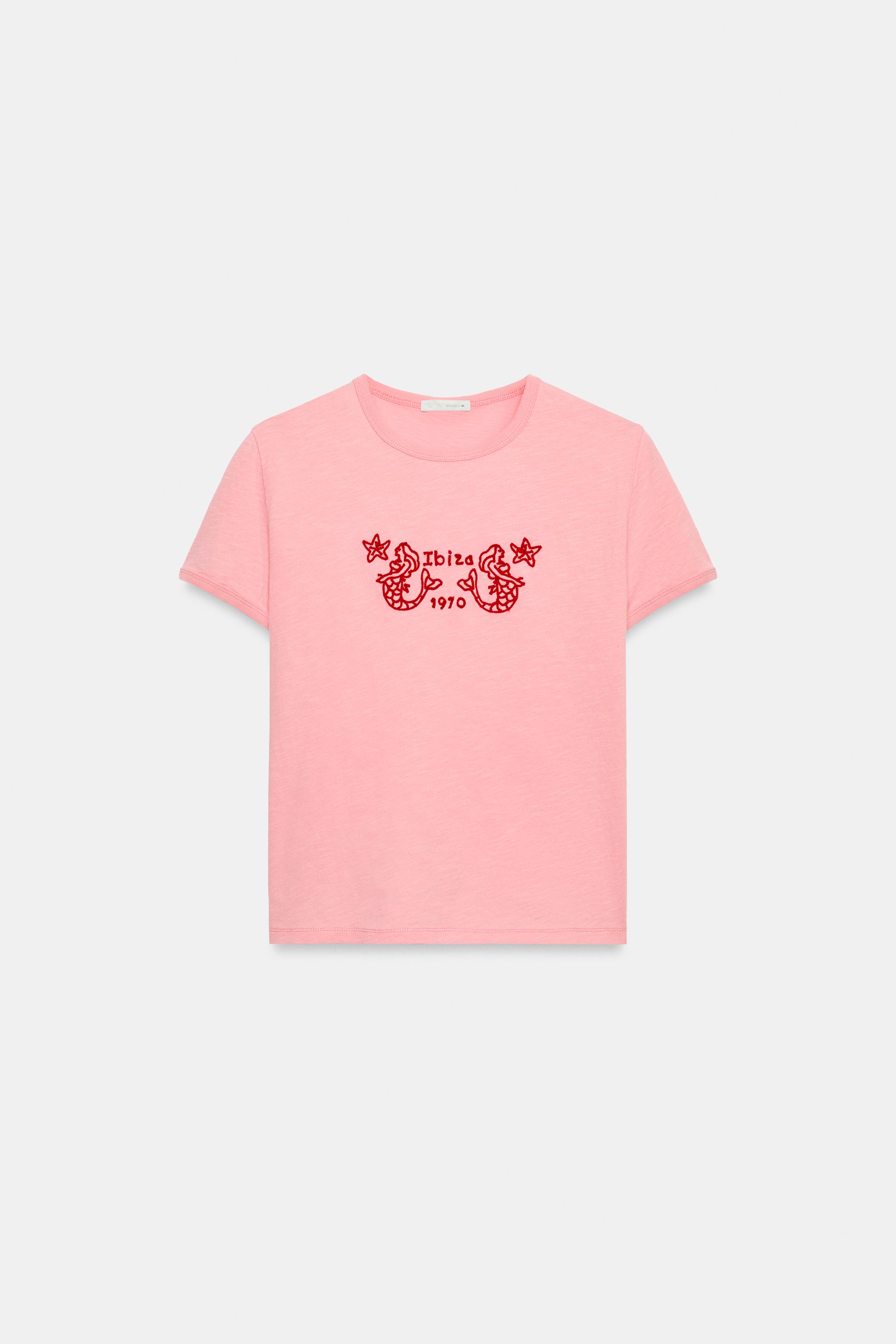 EMBROIDERED SHORT SLEEVE T-SHIRT - Pink | ZARA United States