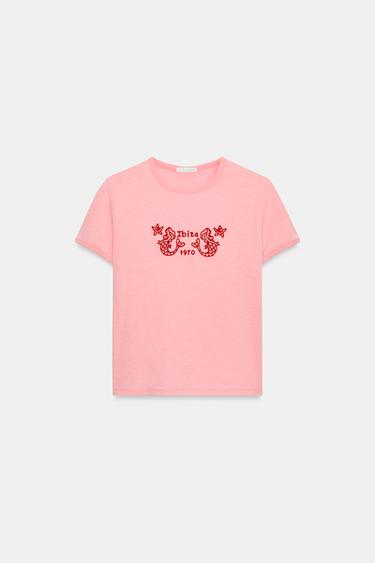 Zara EMBROIDERED SHORT SLEEVE T-SHIRT - Pink