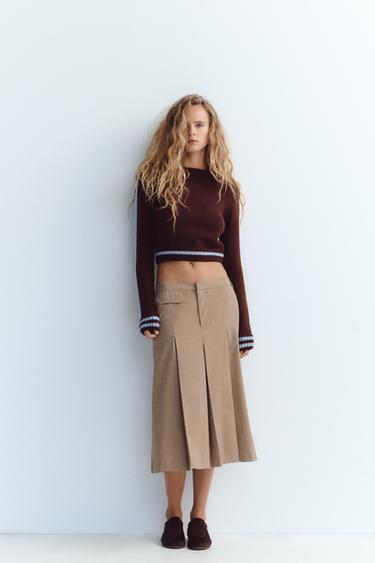 Zara 盒褶格紋中長裙 - 米棕色
