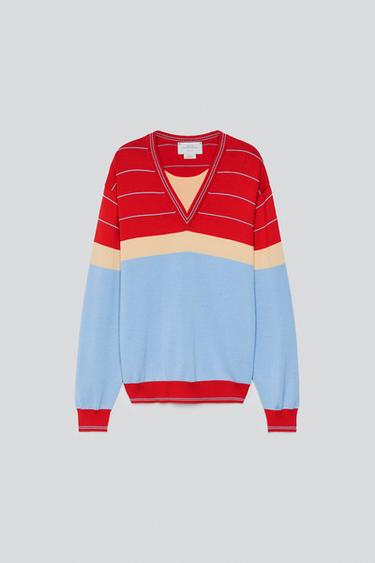 100% WOOL STRIPED JACQUARD JUMPER — Mid-red 1