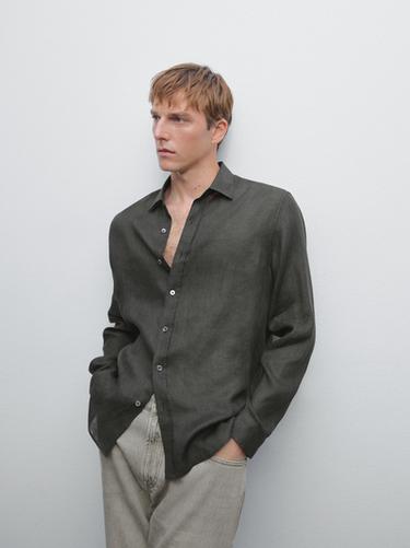 Camisa regular fit 100% lino - Verde oscuro de Zara