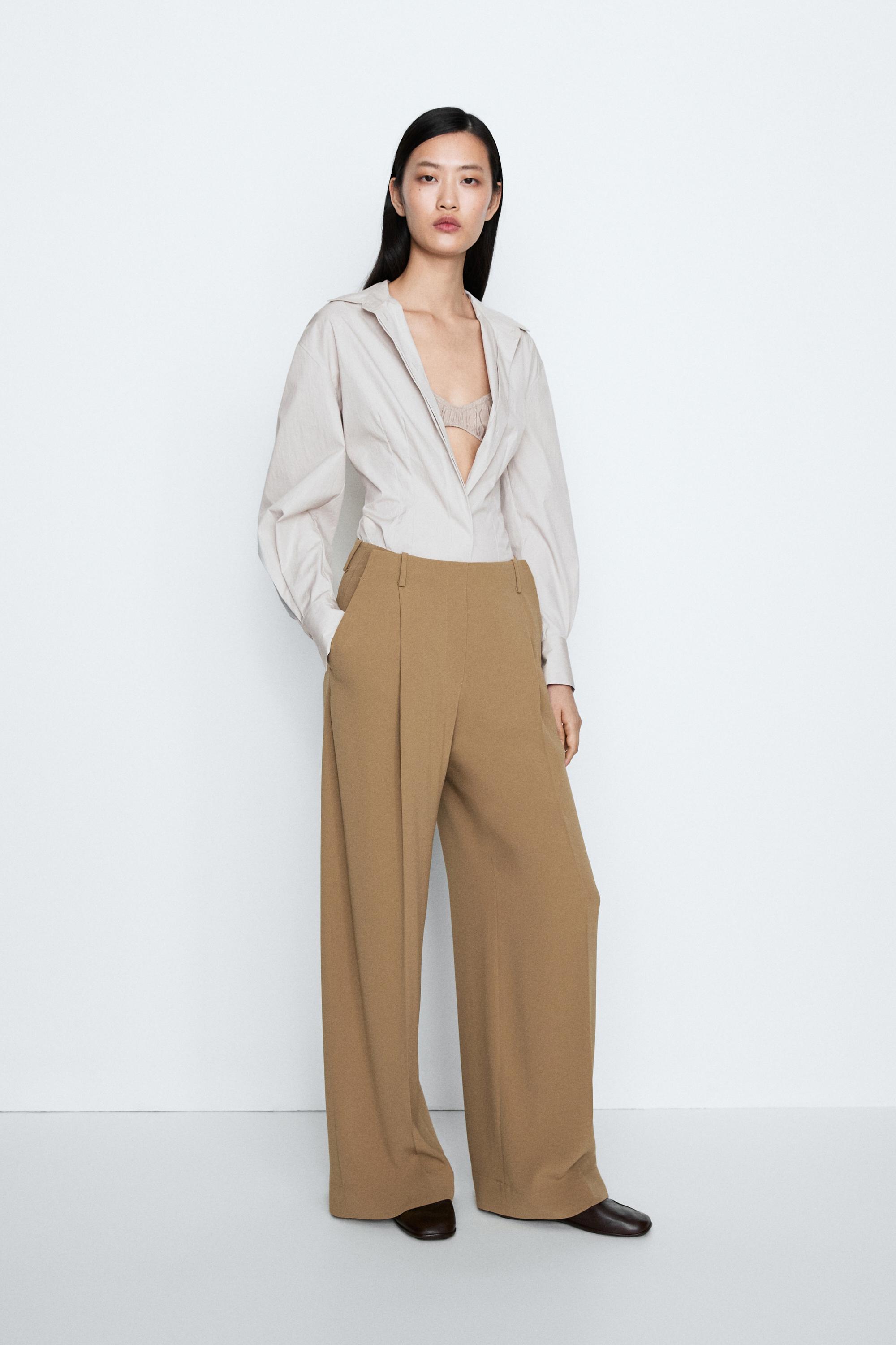 Flowing wide-leg darted pants - STUDIO - Caramel | ZARA United States