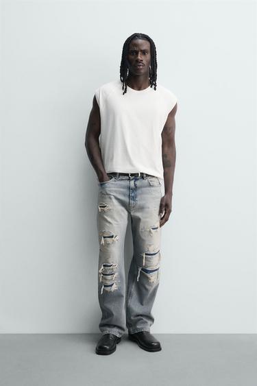 Zara LOOSE FIT RIPPED JEANS - Light blue