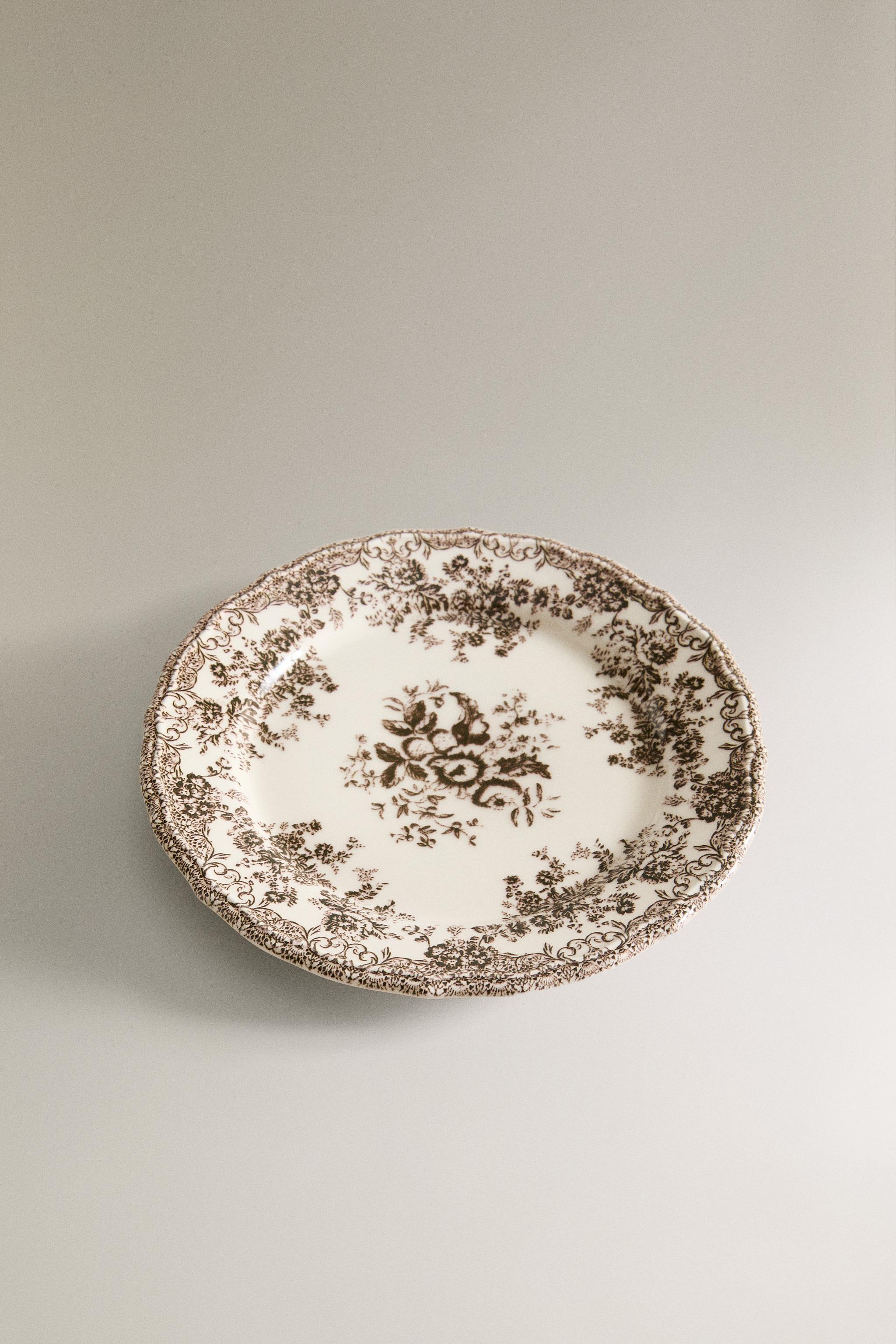 FLORAL EARTHENWARE DESSERT PLATE — Brown
