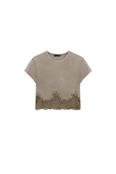 FADED-EFFECT LACE CROP TOP - Brown by Zara