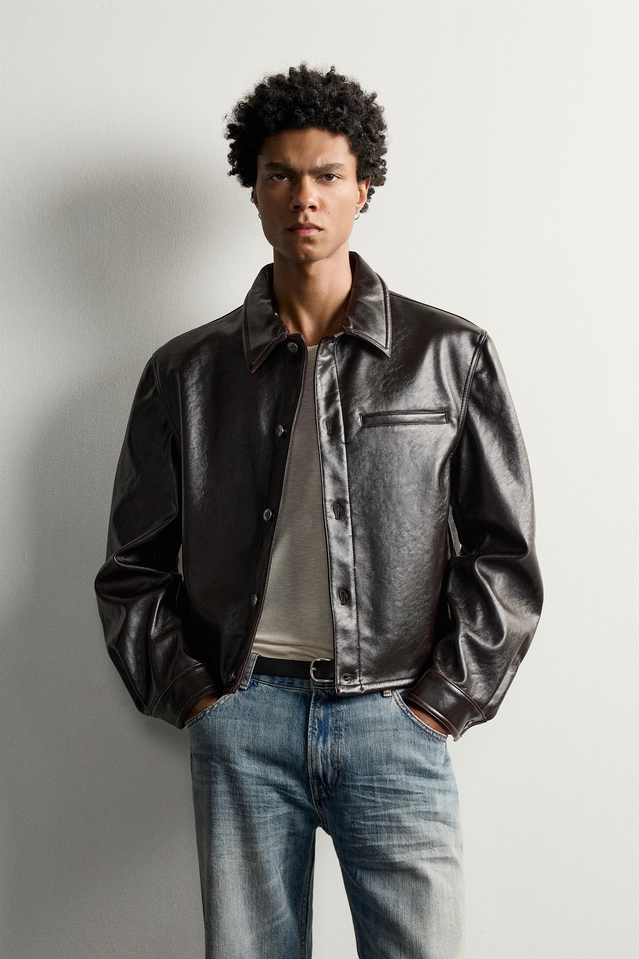CROPPED-FIT FAUX LEATHER-EFFECT OVERSHIRT
