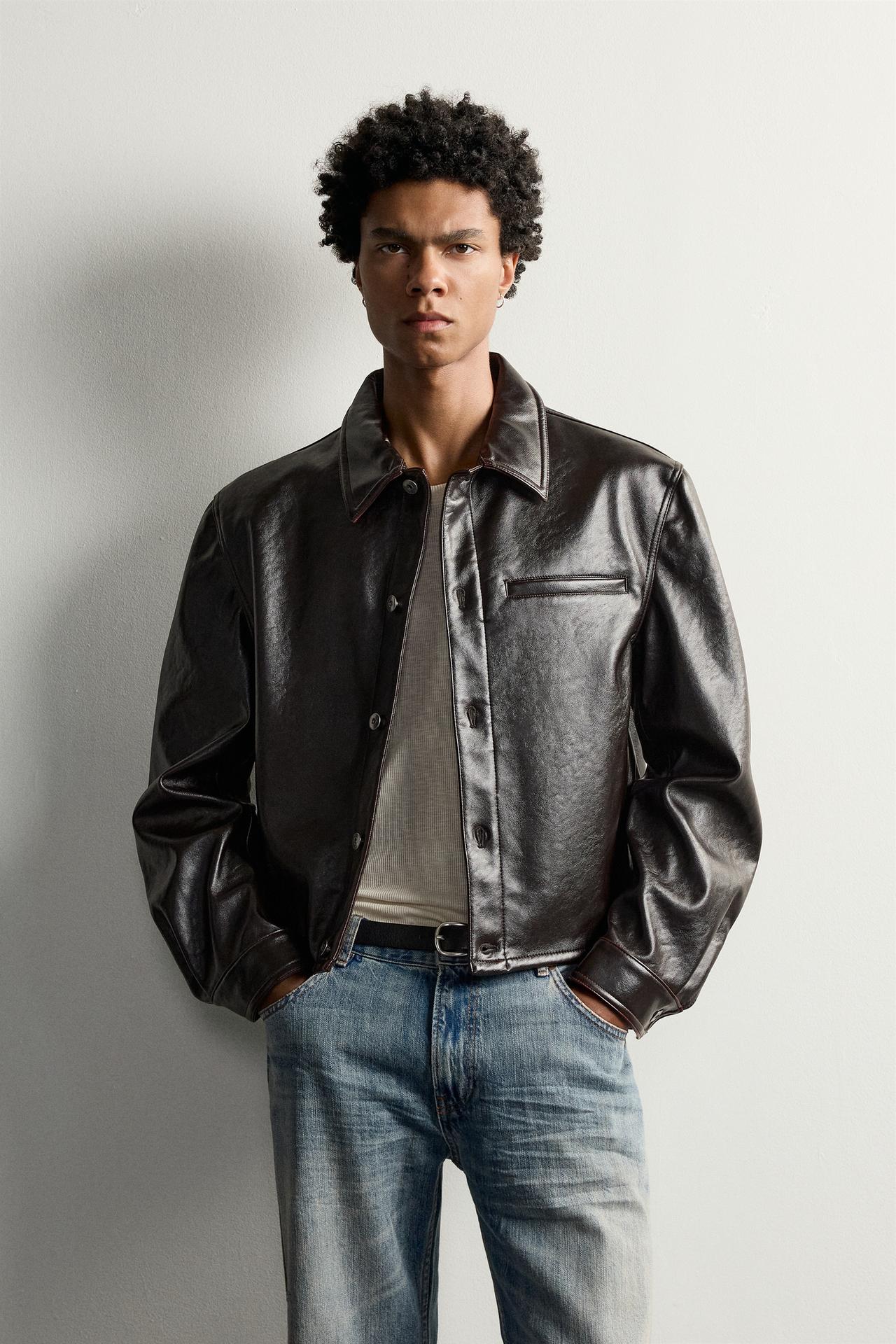 CROPPED-FIT FAUX LEATHER-EFFECT OVERSHIRT — Black