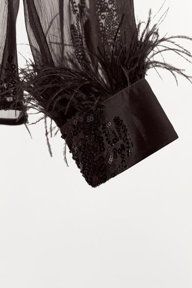 BLOUSE SEMI-TRANSPARENTE PAILLETTES PLUMES - Marron de Zara - Image 7
