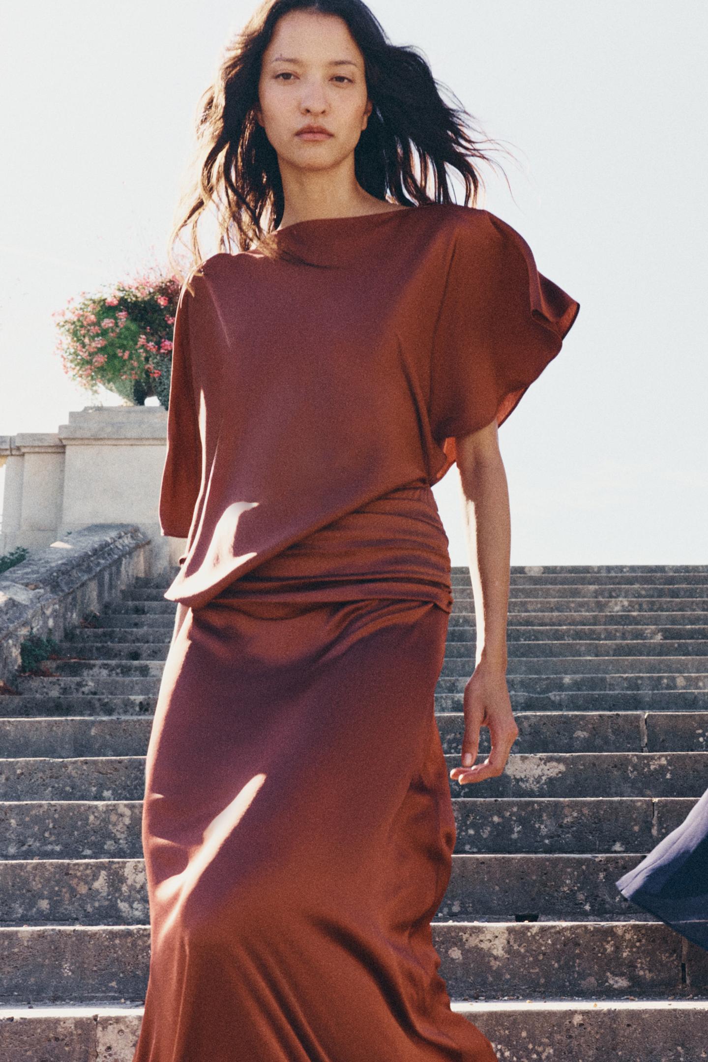 Женское платье Zara Satin Long Dress ZW Collection, цвет: Тёмный розовый