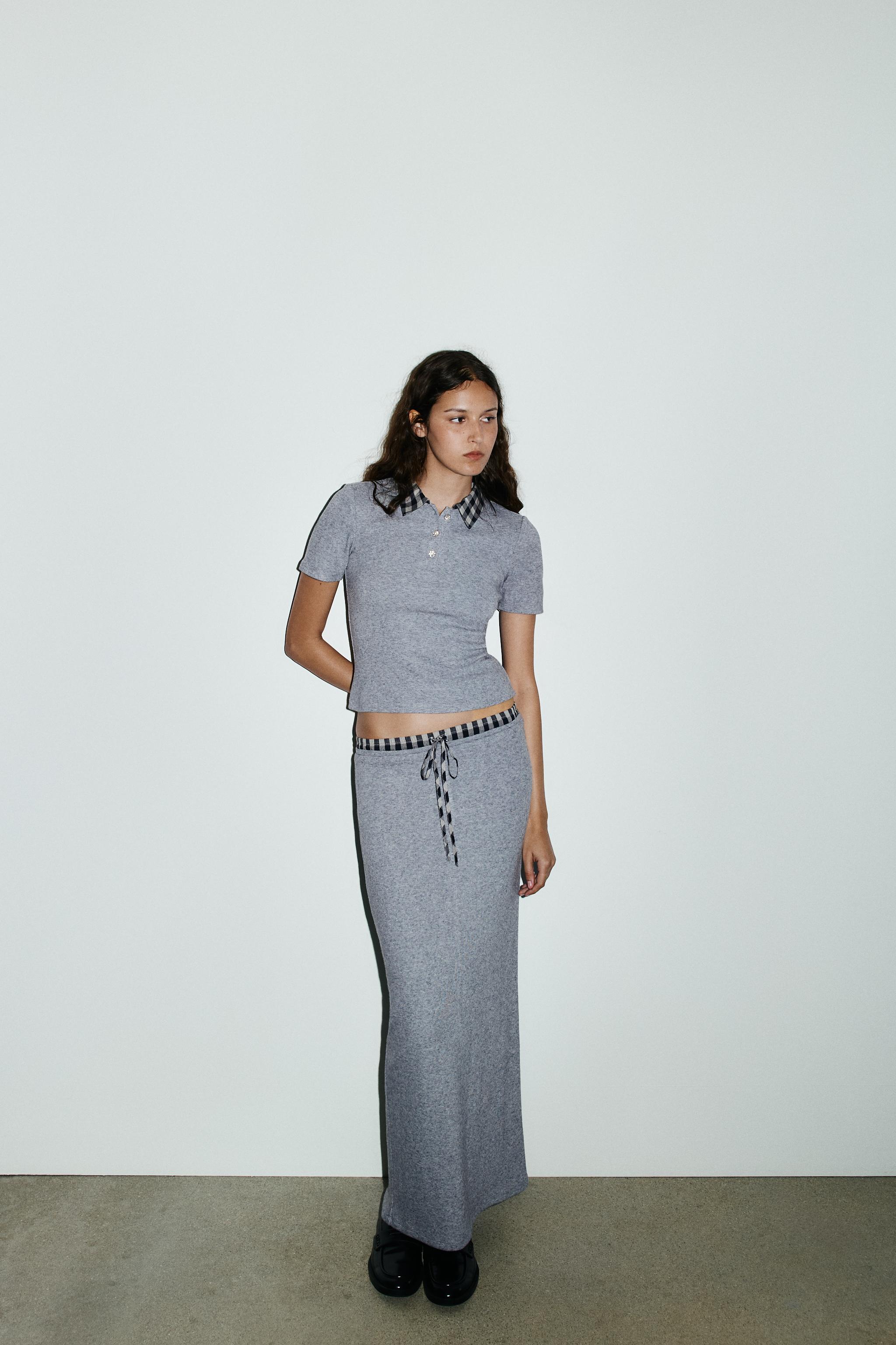 コントラストウエスト ミディスカート - グレー | ZARA Japan / 日本