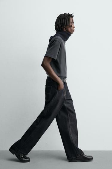 Zara 縫線裝飾木工寬鬆牛仔褲 - 藍色