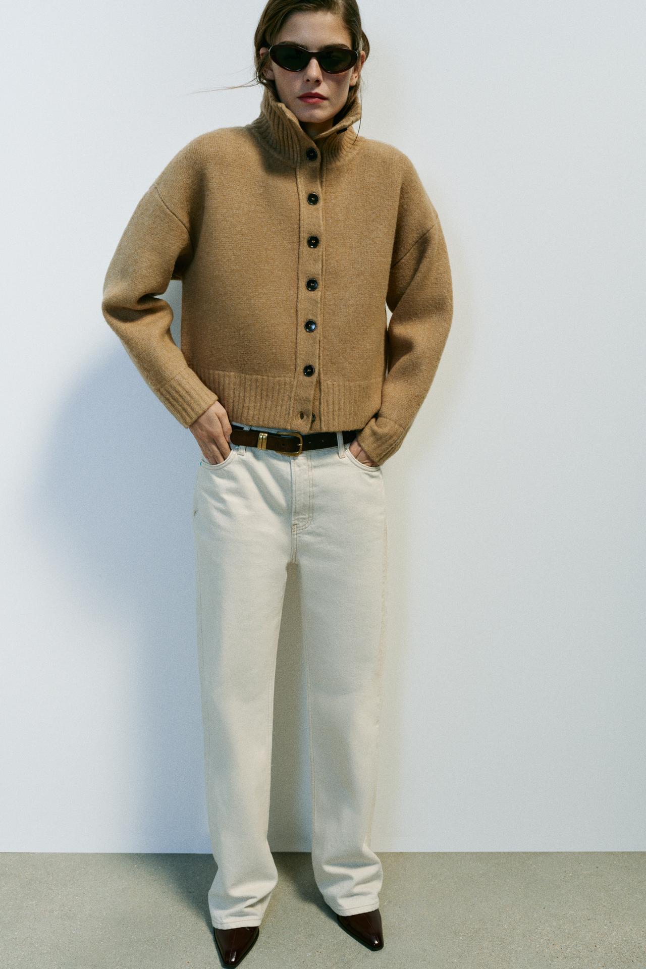 HIGH NECK CARDIGAN — taupe brown