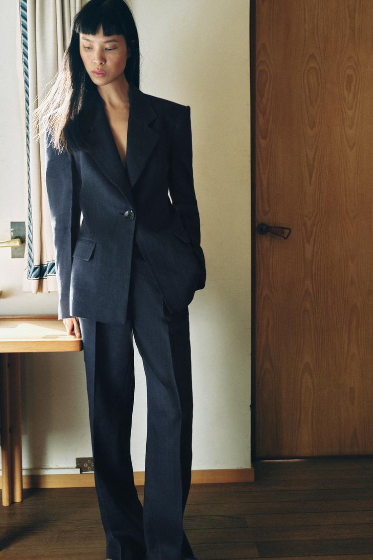 ZARA 100% LINEN HERRINGBONE FITTED BLAZER SET